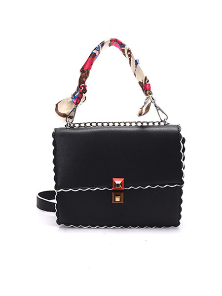 Black Leatherette Chain Handle Hand Shoulder Crossbody Satchel Bag