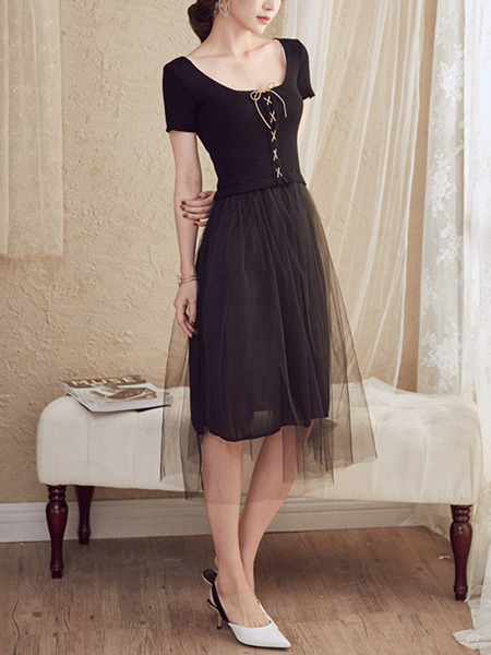 Black Fit & Flare Knee Length Dress for Casual Party