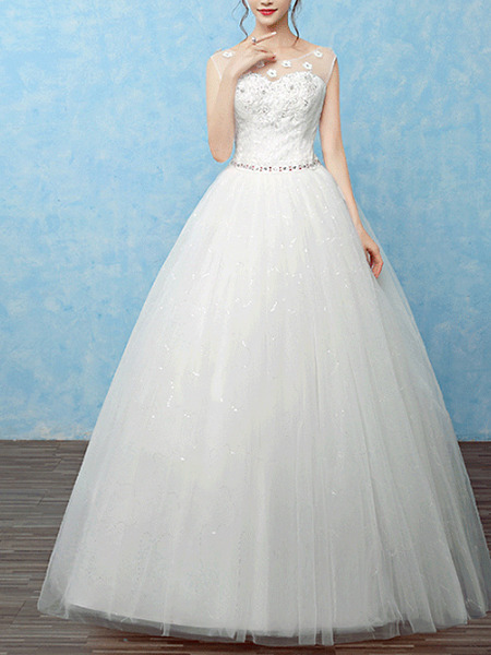 White Bateau Illusion Princess Appliques Beading Dress for Wedding