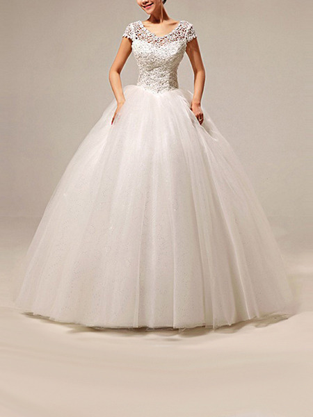 White Bateau Ball Gown Embroidery Beading Dress for Wedding