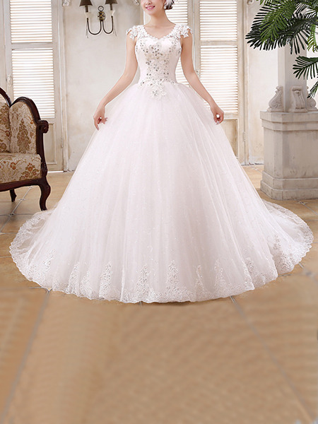 White V Neck Ball Gown Beading Embroidery Dress for Wedding