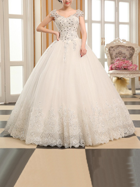 White V Neck Ball Gown Beading Embroidery Dress for Wedding