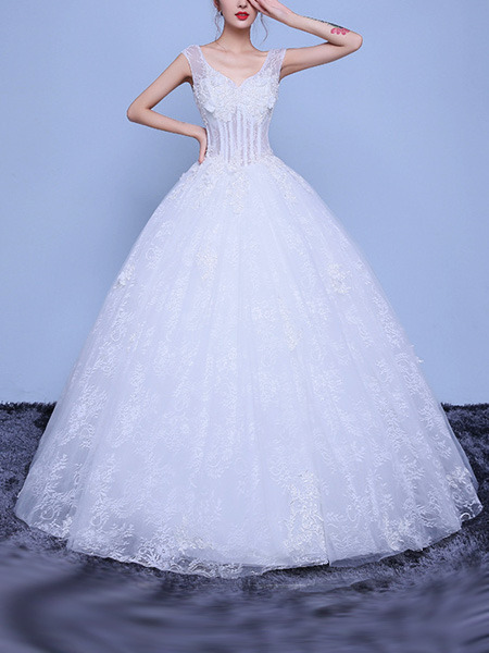 White V Neck Ball Gown Embroidery Appliques Dress for Wedding