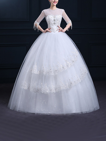 White Illusion Ball Gown Embroidery Beading Dress for Wedding