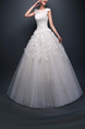 White Illusion Bateau Embroidery Appliques Beading Dress for Wedding