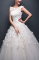 White Illusion Bateau Embroidery Appliques Beading Dress for Wedding