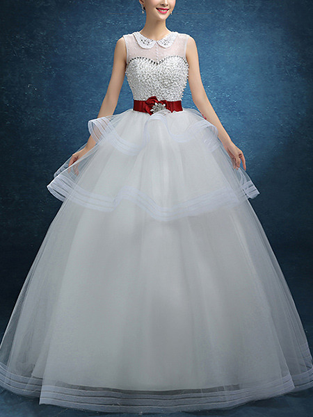 White Jewel Illusion Ball Gown Embroidery Beading Tiered Sash Ribbon Dress for Wedding