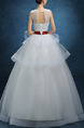 White Jewel Illusion Ball Gown Embroidery Beading Tiered Sash Ribbon Dress for Wedding