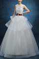 White Jewel Illusion Ball Gown Embroidery Beading Tiered Sash Ribbon Dress for Wedding