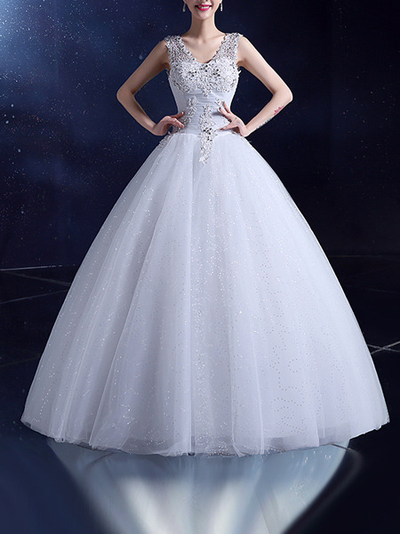 White V Neck Ball Gown Beading Embroidery Appliques Dress for Wedding