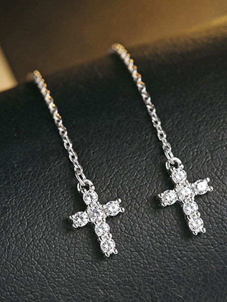 925 Silver Cross Dangle Rhinestone Earring