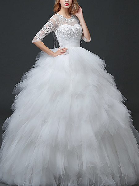 White Illusion Ball Gown Beading Ruffle Plus Size Dress for Wedding