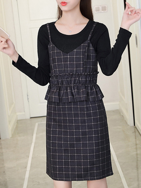 Black Two-Piece Slim Sling Ruffled Over-Hip Round Neck Above Long Sleeve Dress for Casual Party Office