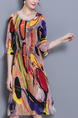 Colorful Plus Size Loose A-Line Printed Linking Round Neck Band Furcal Dress for Casual