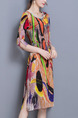 Colorful Plus Size Loose A-Line Printed Linking Round Neck Band Furcal Dress for Casual