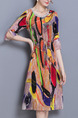 Colorful Plus Size Loose A-Line Printed Linking Round Neck Band Furcal Dress for Casual