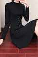 Black Slim A-line Round Neck Linking Bandage Waist Fit & Flare Long Sleeve Above Knee Dress for Casual Party Office