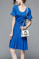 Blue Knitting Slim Round Neck Flare Sleeve Pleated Breathable Perforated Above Knee Dress for Casual Party