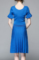 Blue Knitting Slim Round Neck Flare Sleeve Pleated Breathable Perforated Above Knee Dress for Casual Party