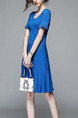 Blue Knitting Slim Round Neck Flare Sleeve Pleated Breathable Perforated Above Knee Dress for Casual Party