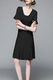 Black Knitting Slim Round Neck Flare Sleeve Pleated Breathable Perforated Above Knee Dress for Casual Party