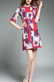 Red Blue and White Slim A-Line Printed Round Neck Flare Sleeve Above Knee Dress for Casual Party
