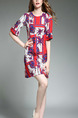 Red Blue and White Slim A-Line Printed Round Neck Flare Sleeve Above Knee Dress for Casual Party