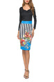 Black and Colorful Slim Linking Printed Stripe Knee Length Sheath Long Sleeve Dress for Casual Party Evening Office