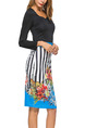 Black and Colorful Slim Linking Printed Stripe Knee Length Sheath Long Sleeve Dress for Casual Party Evening Office