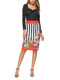 Black and Colorful Slim Linking Printed Stripe Knee Length Bodycon Long Sleeve Dress for Casual Party Office