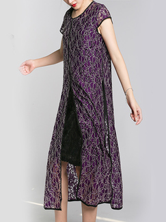 Purple and Black Slim Round Neck Lace Linking Furcal Midi Dress for Casual