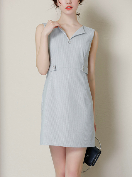 Gray Lapel Plus Size Stripe Linking Buckled Zipped Shift Above Knee Dress for Casual Party Office