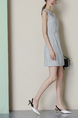 Gray Lapel Plus Size Stripe Linking Buckled Zipped Shift Above Knee Dress for Casual Party Office