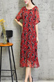 Red and Black Plus Size Loose Printed Round Neck See-Through Pockets Floral Dress for Casual