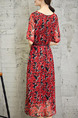 Red and Black Plus Size Loose Printed Round Neck See-Through Pockets Floral Dress for Casual