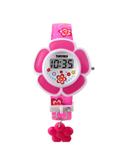 Pink Leather Band Pin Buckle Flower Shaped Digital Watch