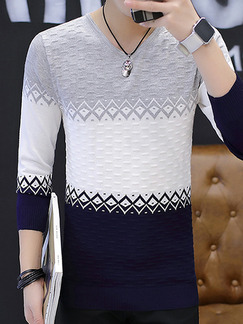 Blue White and Grey Plus Size Slim Knitting Contrast V Neck  Men Sweater for Casual