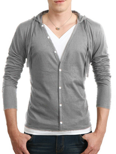 Grey Plus Size Slim Hooded Drawstring Buttons Long Sleeve Men Tshirt for Casual