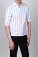 White and Blue Stand Collar V Neck Loose Stripe Plus Size Men Shirt for Casual Party Office