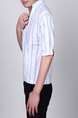 White and Blue Stand Collar V Neck Loose Stripe Plus Size Men Shirt for Casual Party Office