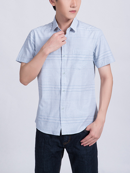 Blue Button Down Collared Chest Pocket Plus Size Men Shirt for Casual Party Office