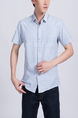 Blue Button Down Collared Chest Pocket Plus Size Men Shirt for Casual Party Office