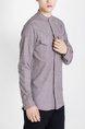 Gray Button Down Chest Pocket Long Sleeve Mandarin Collared Men Shirt for Casual Party Office Evening