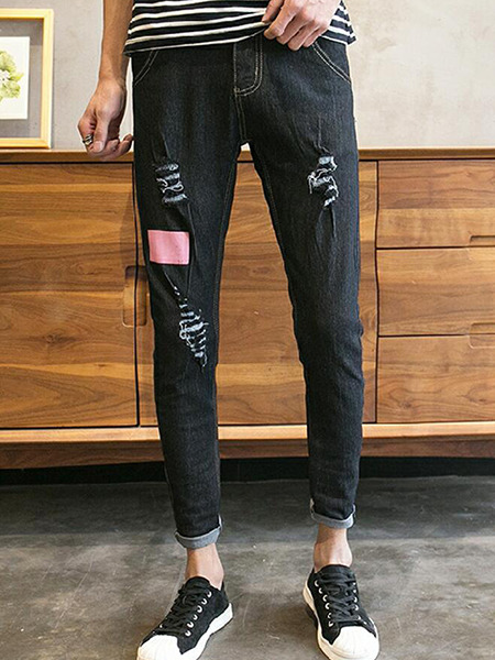 Black Slim Denim Holes Long Men Pants for Casual