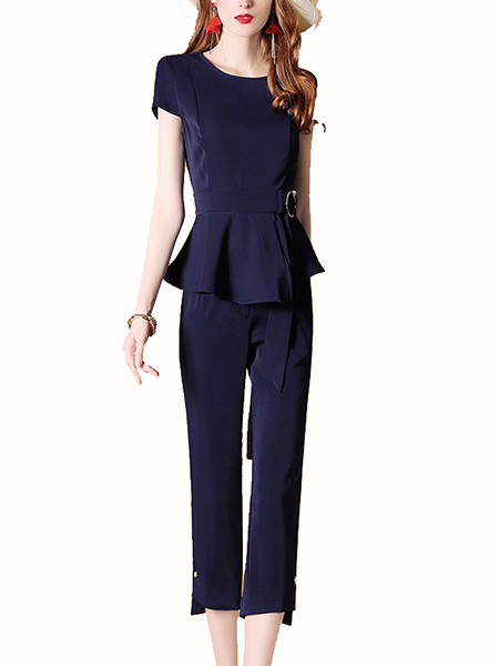 Dark Blue Slim Plus Size Bead Buckled Nine pants Zipped Furcal Pocket Two Piece Pants Jumpsuit for Casual Office Party