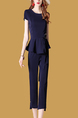 Dark Blue Slim Plus Size Bead Buckled Nine pants Zipped Furcal Pocket Two Piece Pants Jumpsuit for Casual Office Party