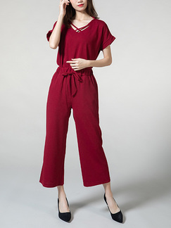 Wine red Loose V Neck Cutout Adjustable Waist Pocket Two Piece Jumpsuit for Casual Party Office