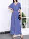 Blue Plain V Neck Wide Leg Pants Jumpsuit for Party Evening Cocktail