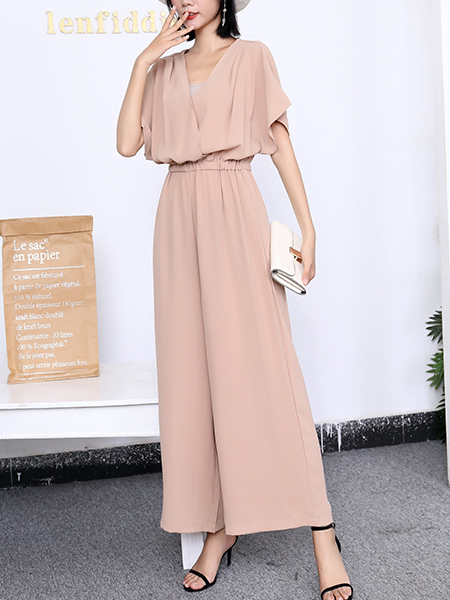 Pink Wide Leg Pants Plain V Neck Jumpsuit for Party Evening Cocktail