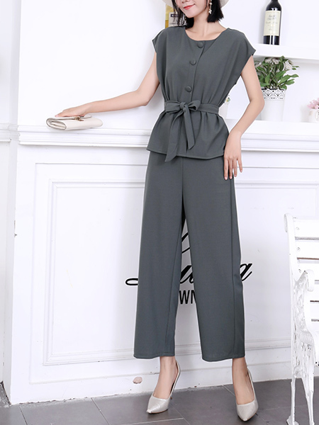 Gray Two Piece Button Down Ribbon Pants Jumpsuit for Party Evening Cocktail